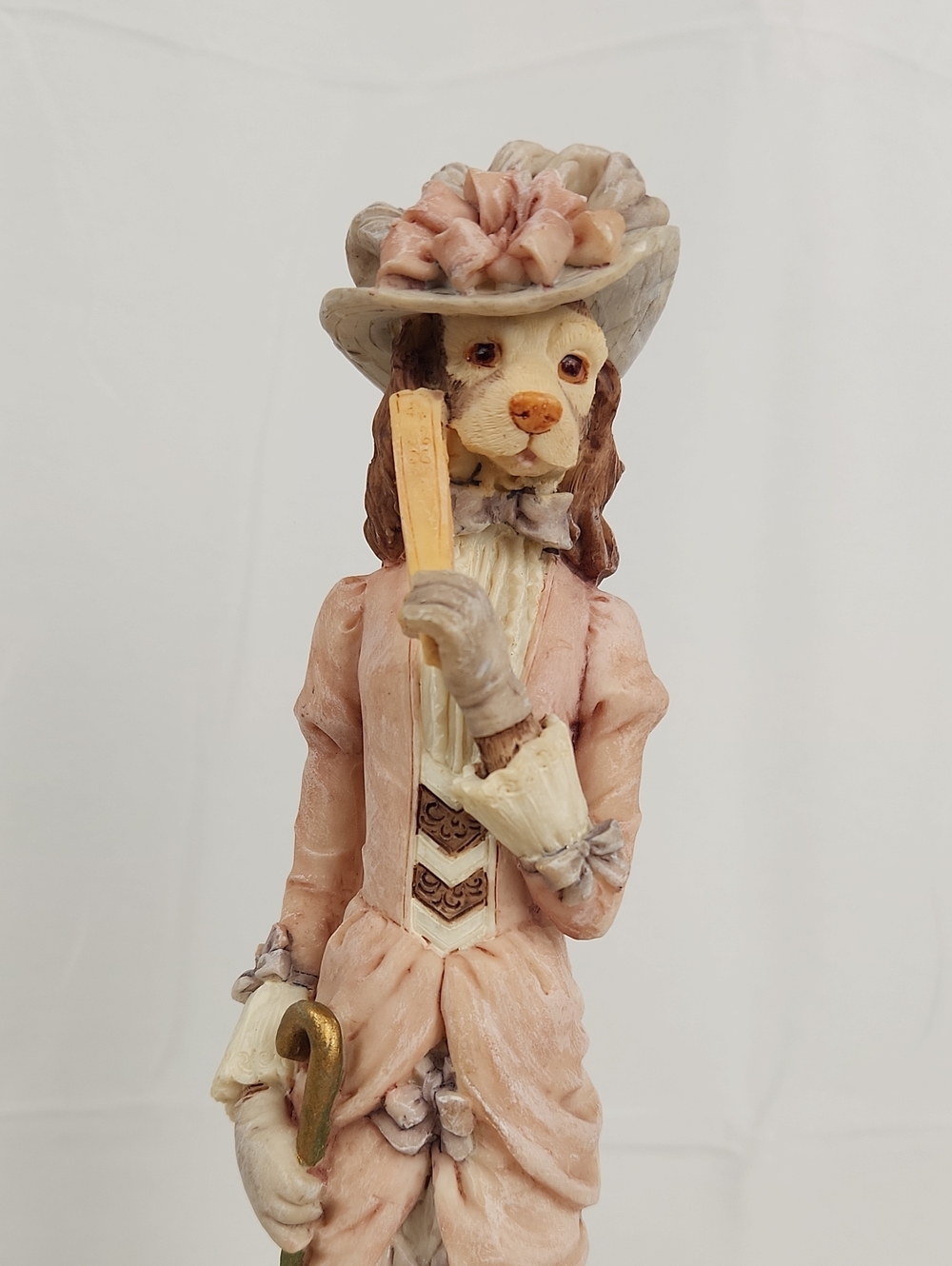 Vintage Victorian-Style Dog-face Sculpture in Pale Pink and Cream Ladies' Attire